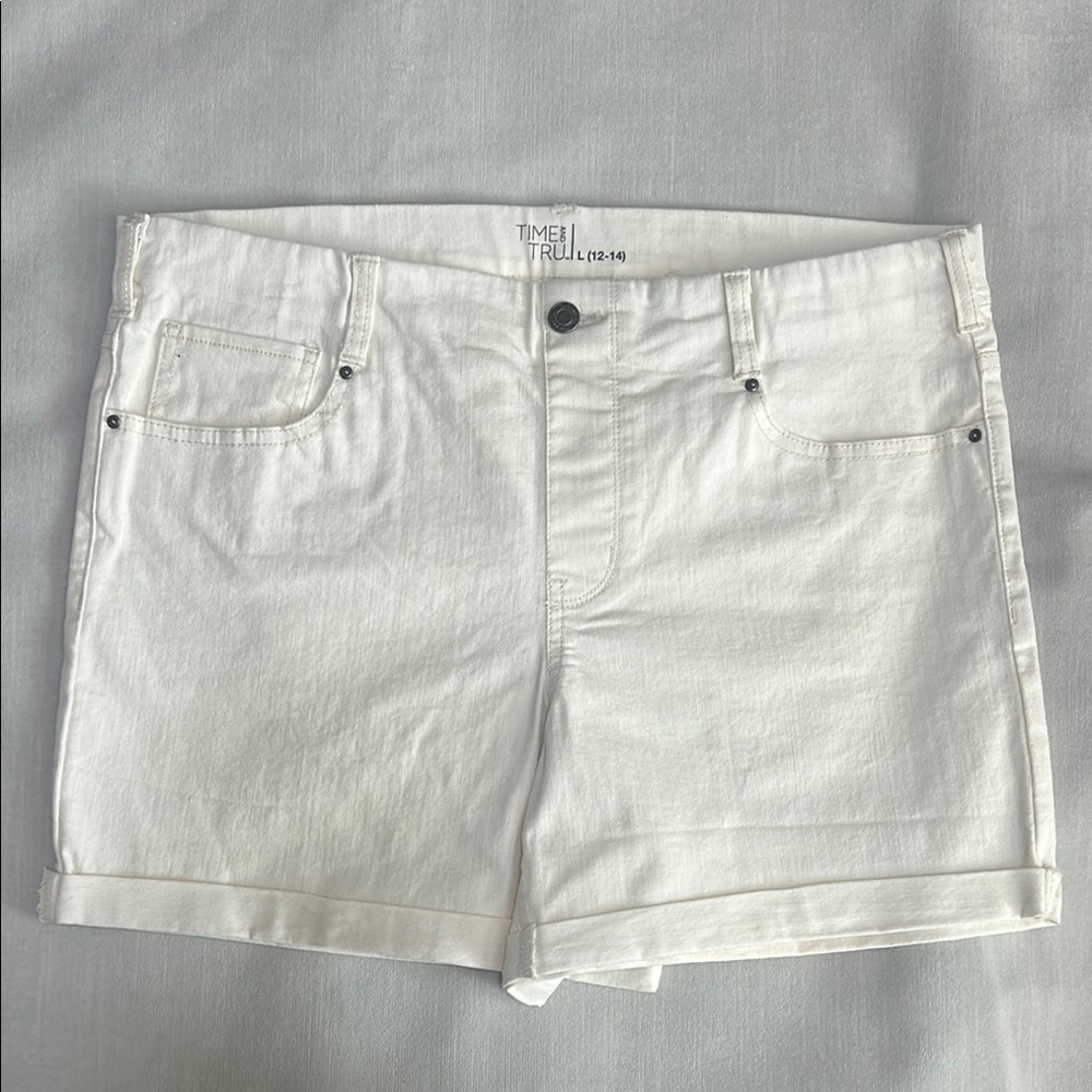 Time and Tru Cream Jean Shorts Distressed Mid-Length